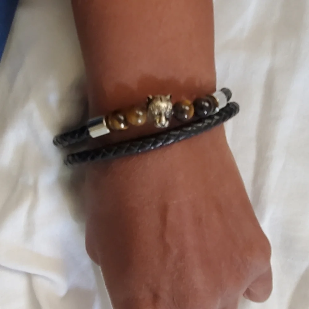 Genuine Leather Tiger's Eye Stainless Steel Panther Bracelet